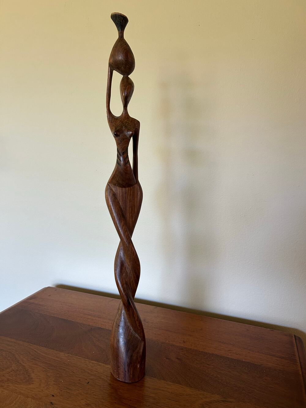 Vintage Hand-Carved African Female Sculpture | Wooden Tribal Woman Pot Carrier